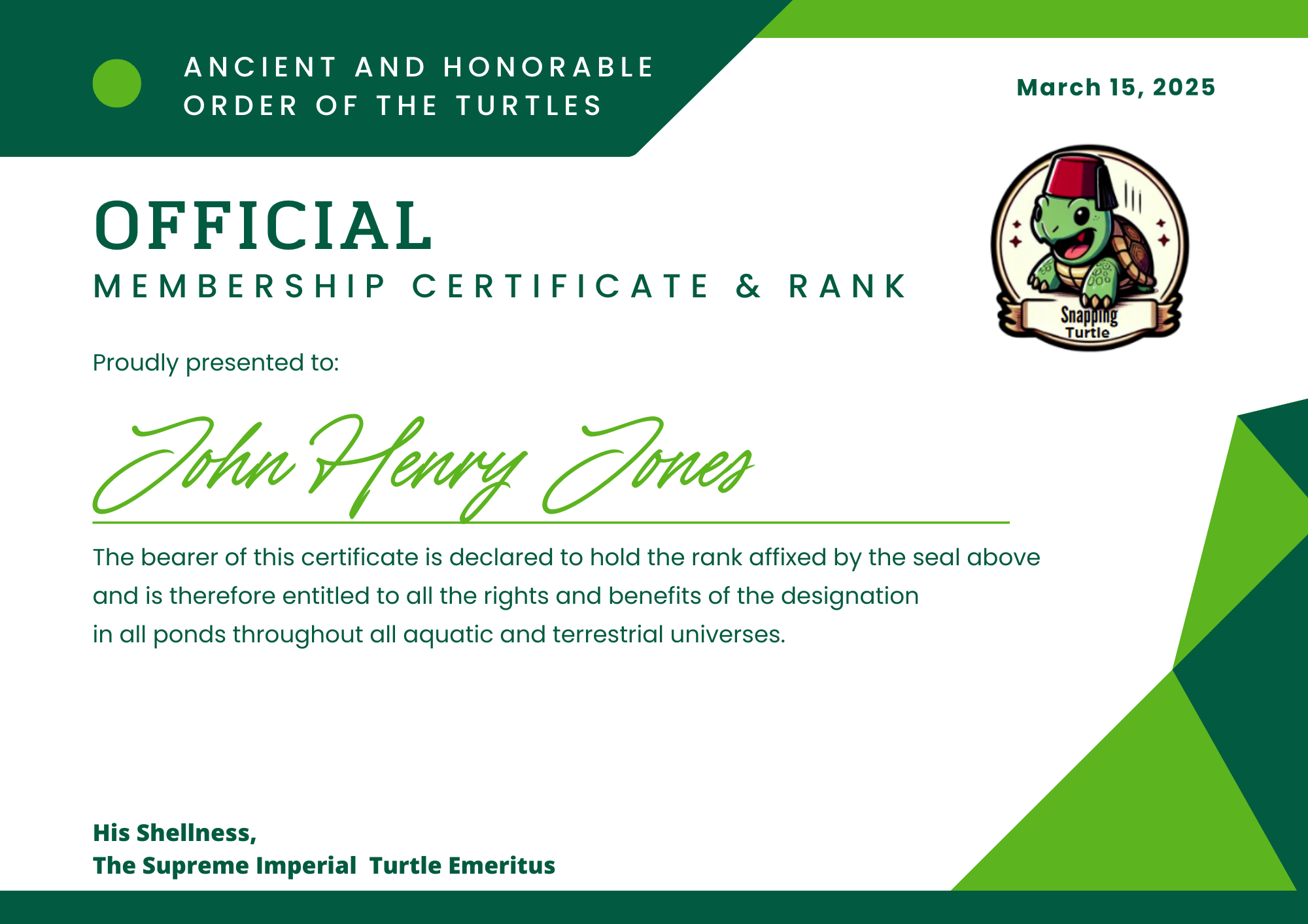 Turtle Certificate